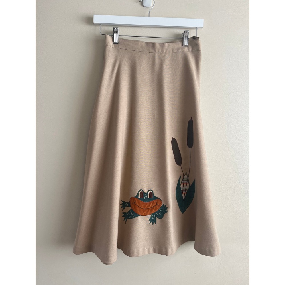 Vintage 70s Tan Wrap Skirt Frog Cattail Appliqué Novelty Cottagecore Midi S